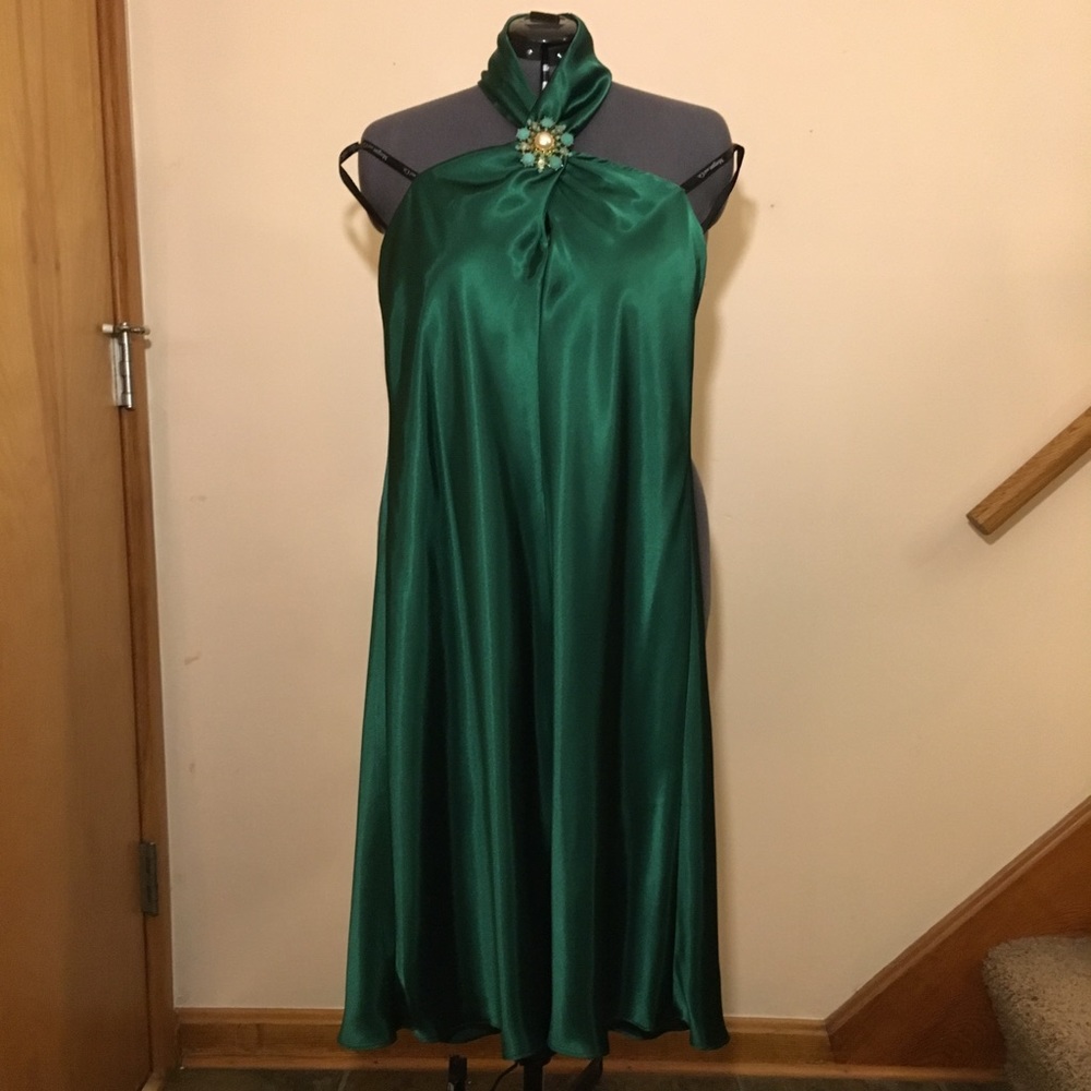 Green satin halter dress